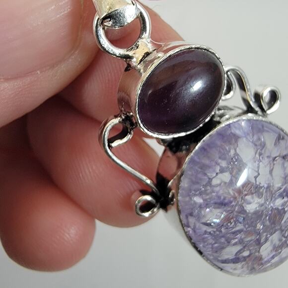 Handmade Silver Pendant with Crackled Amethyst and Deep Purple Gem - Picture 9 of 10